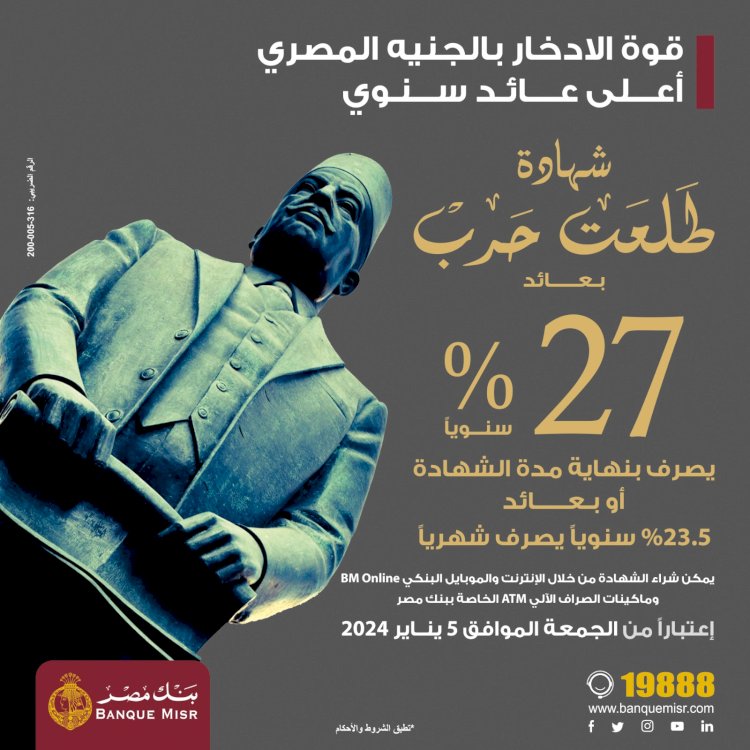 بنك مصر يصدر شهادة ادخارية جديدة بأعلى عائد يصل إلى 27%  سنويًا