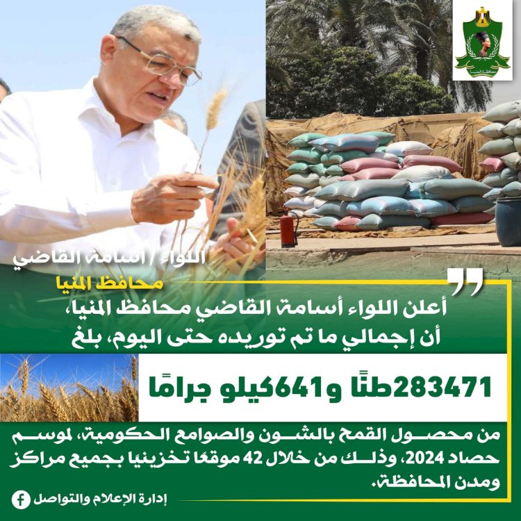 محافظ المنيا: شون وصوامع المحافظة تواصل استقبال القمح وتوريد 283 ألف طن منذ بدء الموسم