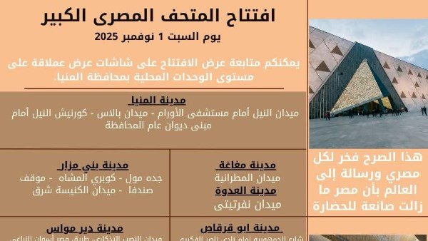 المنيا.. 15 شاشة عرض لنقل افتتاح المتحف المصري الكبير