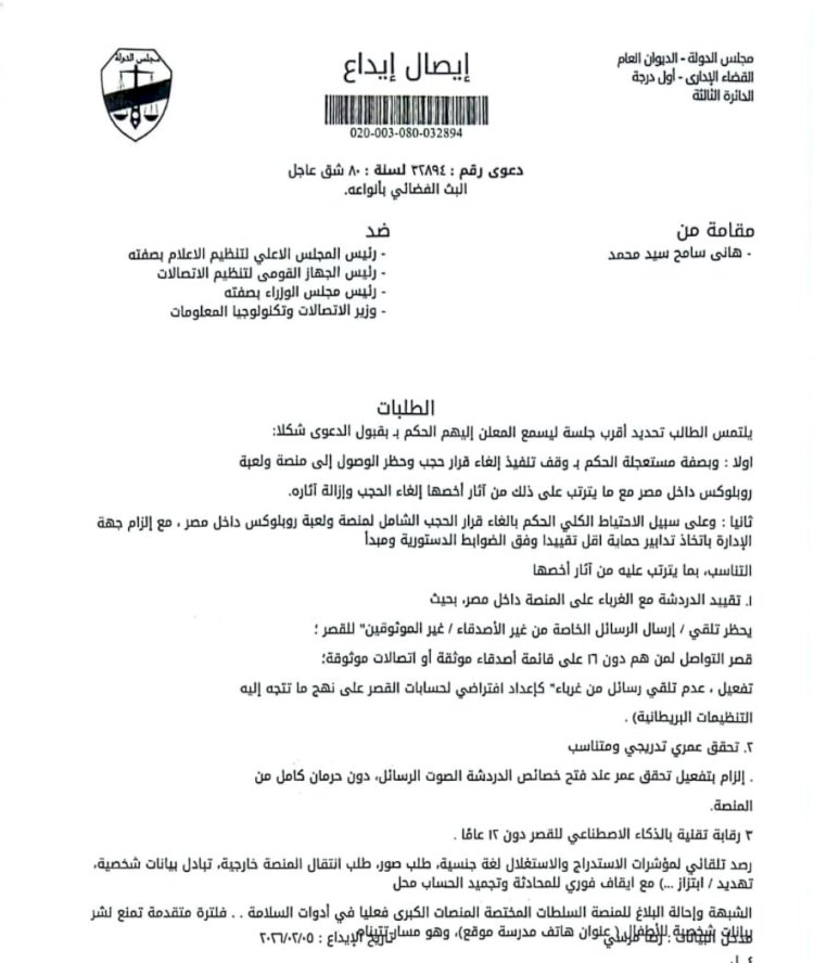 تأجيل دعوى إلغاء حجب «روبلوكس» إلى 15 مارس