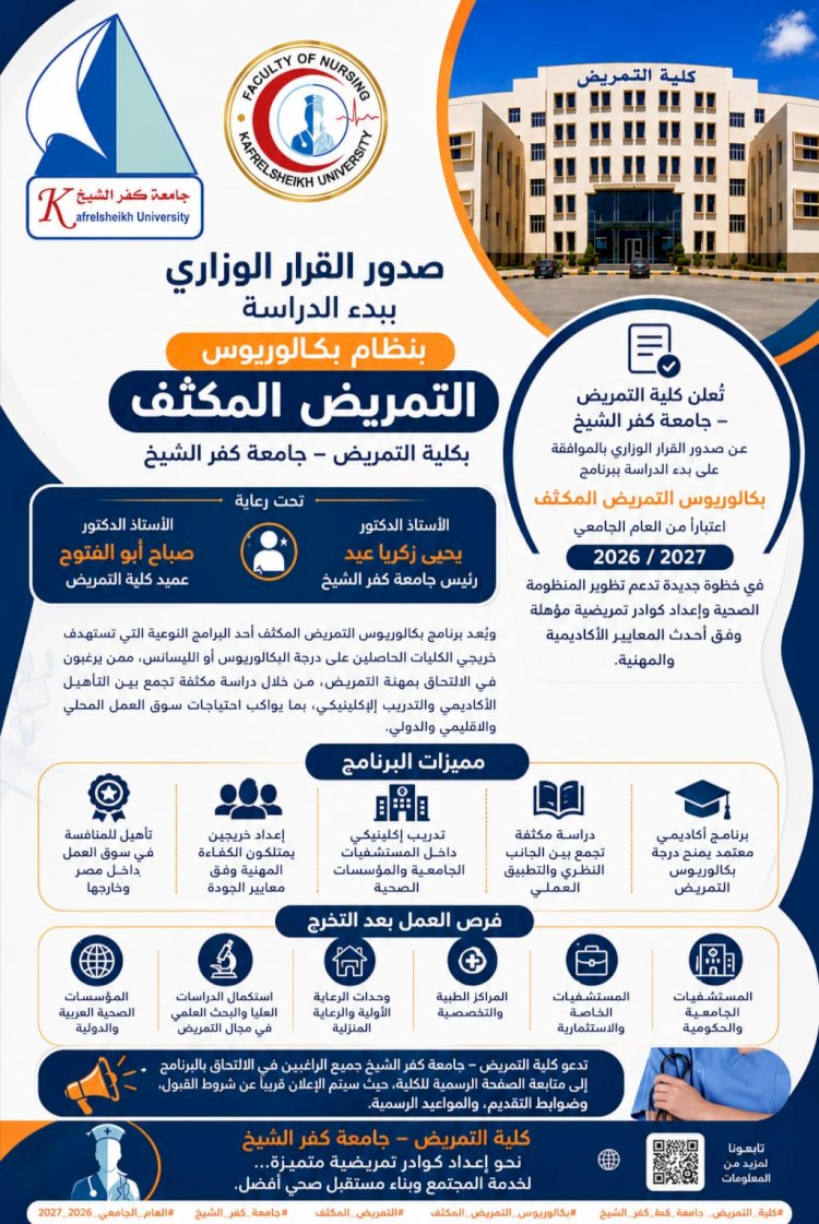 لأول مرة .. كلية تمريض كفر الشيخ تعلن عن بدء الدراسة ببرنامج البكالوريوس المكثف